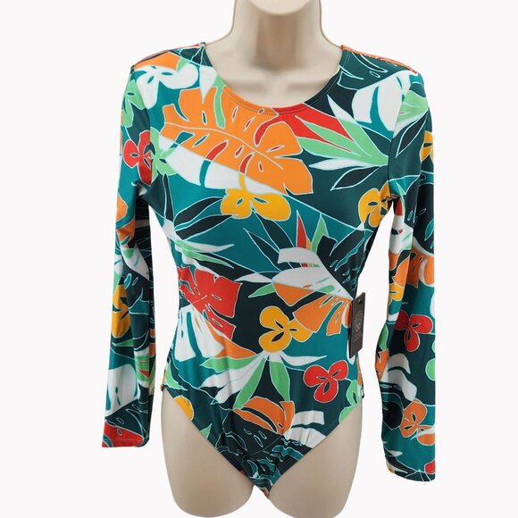 Vince Camuto size 10 Long Sleeve Tropical Print Cut Out Bodysuit Swimsuit NEW